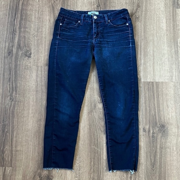 Paige Peg Super Skinny Dark Wash Raw Hem Sz 27 - Picture 1 of 11